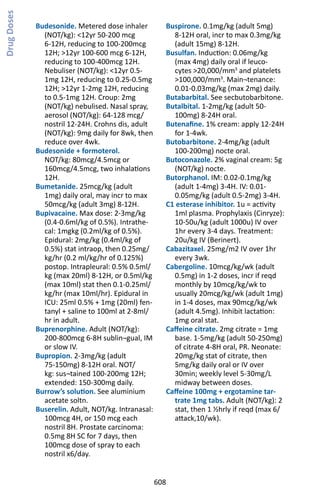 608
Budesonide. Metered dose inhaler
(NOT/kg): 12yr 50-200 mcg
6-12H, reducing to 100-200mcg
12H; 12yr 100-600 mcg 6-12H,
reducing to 100-400mcg 12H.
Nebuliser (NOT/kg): 12yr 0.5-
1mg 12H, reducing to 0.25-0.5mg
12H; 12yr 1-2mg 12H, reducing
to 0.5-1mg 12H. Croup: 2mg
(NOT/kg) nebulised. Nasal spray,
aerosol (NOT/kg): 64-128 mcg/
nostril 12-24H. Crohns dis, adult
(NOT/kg): 9mg daily for 8wk, then
reduce over 4wk.
Budesonide + formoterol.
NOT/kg: 80mcg/4.5mcg or
160mcg/4.5mcg, two inhalations
12H.
Bumetanide. 25mcg/kg (adult
1mg) daily oral, may incr to max
50mcg/kg (adult 3mg) 8-12H.
Bupivacaine. Max dose: 2-3mg/kg
(0.4-0.6ml/kg of 0.5%). Intrathe-
cal: 1mgkg (0.2ml/kg of 0.5%).
Epidural: 2mg/kg (0.4ml/kg of
0.5%) stat intraop, then 0.25mg/
kg/hr (0.2 ml/kg/hr of 0.125%)
postop. Intrapleural: 0.5% 0.5ml/
kg (max 20ml) 8-12H, or 0.5ml/kg
(max 10ml) stat then 0.1-0.25ml/
kg/hr (max 10ml/hr). Epidural in
ICU: 25ml 0.5% + 1mg (20ml) fen-
tanyl + saline to 100ml at 2-8ml/
hr in adult.
Buprenorphine. Adult (NOT/kg):
200-800mcg 6-8H sublin¬gual, IM
or slow IV.
Bupropion. 2-3mg/kg (adult
75-150mg) 8-12H oral. NOT/
kg: sus¬tained 100-200mg 12H;
extended: 150-300mg daily.
Burrow’s solution. See aluminium
acetate soltn.
Buserelin. Adult, NOT/kg. Intranasal:
100mcg 4H, or 150 mcg each
nostril 8H. Prostate carcinoma:
0.5mg 8H SC for 7 days, then
100mcg dose of spray to each
nostril x6/day.
Buspirone. 0.1mg/kg (adult 5mg)
8-12H oral, incr to max 0.3mg/kg
(adult 15mg) 8-12H.
Busulfan. Induction: 0.06mg/kg
(max 4mg) daily oral if leuco-
cytes 20,000/mm3
and platelets
100,000/mm3
. Main¬tenance:
0.01-0.03mg/kg (max 2mg) daily.
Butabarbital. See secbutobarbitone.
Butalbital. 1-2mg/kg (adult 50-
100mg) 8-24H oral.
Butenafine. 1% cream: apply 12-24H
for 1-4wk.
Butobarbitone. 2-4mg/kg (adult
100-200mg) nocte oral.
Butoconazole. 2% vaginal cream: 5g
(NOT/kg) nocte.
Butorphanol. IM: 0.02-0.1mg/kg
(adult 1-4mg) 3-4H. IV: 0.01-
0.05mg/kg (adult 0.5-2mg) 3-4H.
C1 esterase inhibitor. 1u = activity
1ml plasma. Prophylaxis (Cinryze):
10-50u/kg (adult 1000u) IV over
1hr every 3-4 days. Treatment:
20u/kg IV (Berinert).
Cabazitaxel. 25mg/m2 IV over 1hr
every 3wk.
Cabergoline. 10mcg/kg/wk (adult
0.5mg) in 1-2 doses, incr if reqd
monthly by 10mcg/kg/wk to
usually 20mcg/kg/wk (adult 1mg)
in 1-4 doses, max 90mcg/kg/wk
(adult 4.5mg). Inhibit lactation:
1mg oral stat.
Caffeine citrate. 2mg citrate = 1mg
base. 1-5mg/kg (adult 50-250mg)
of citrate 4-8H oral, PR. Neonate:
20mg/kg stat of citrate, then
5mg/kg daily oral or IV over
30min; weekly level 5-30mg/L
midway between doses.
Caffeine 100mg + ergotamine tar-
trate 1mg tabs. Adult (NOT/kg): 2
stat, then 1 ½hrly if reqd (max 6/
attack,10/wk).
DrugDoses
 