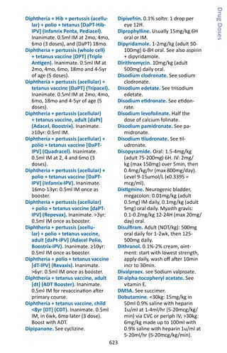 623
Diphtheria + Hib + pertussis (acellu-
lar) + polio + tetanus [DaPT-Hib-
IPV] (Infanrix Penta, Pediacel).
Inanimate. 0.5ml IM at 2mo, 4mo,
6mo (3 doses), and (DaPT) 18mo.
Diphtheria + pertussis (whole cell)
+ tetanus vaccine [DPT] (Triple
Antigen). Inanimate. 0.5ml IM at
2mo, 4mo, 6mo, 18mo and 4-5yr
of age (5 doses).
Diphtheria + pertussis (acellular) +
tetanus vaccine [DaPT] (Tripacel).
Inanimate. 0.5ml IM at 2mo, 4mo,
6mo, 18mo and 4-5yr of age (5
doses).
Diphtheria + pertussis (acellular)
+ tetanus vaccine, adult [daPt]
(Adacel, Boostrix). Inanimate.
≥10yr: 0.5ml IM.
Diphtheria + pertussis (acellular) +
polio + tetanus vaccine [DaPT-
IPV] (Quadracel). Inanimate.
0.5ml IM at 2, 4 and 6mo (3
doses).
Diphtheria + pertussis (acellular) +
polio + tetanus vaccine [DaPT-
IPV] (Infanrix-IPV). Inanimate.
16mo-13yr: 0.5ml IM once as
booster.
Diphtheria + pertussis (acellular)
+ polio + tetanus vaccine [daPT-
IPV] (Repevax). Inanimate. 3yr:
0.5ml IM once as booster.
Diphtheria + pertussis (acellu-
lar) + polio + tetanus vaccine,
adult [daPt-IPV] (Adacel Polio,
Boostrix-IPV). Inanimate. ≥10yr:
0.5ml IM once as booster.
Diphtheria + polio + tetanus vaccine
[dT-IPV] (Revaxis). Inanimate.
6yr: 0.5ml IM once as booster.
Diphtheria + tetanus vaccine, adult
[dt] (ADT Booster). Inanimate.
0.5ml IM for revaccination after
primary course.
Diphtheria + tetanus vaccine, child
8yr [DT] (CDT). Inanimate. 0.5ml
IM, in 6wk, 6mo later (3 dose).
Boost with ADT.
Dipipanone. See cyclizine.
Dipivefrin. 0.1% soltn: 1 drop per
eye 12H.
Diprophylline. Usually 15mg/kg 6H
oral or IM.
Dipyridamole. 1-2mg/kg (adult 50-
100mg) 6-8H oral. See also aspirin
+ dipyridamole.
Dirithromycin. 10mg/kg (adult
500mg) daily oral.
Disodium clodronate. See sodium
clodronate.
Disodium edetate. See trisodium
edetate.
Disodium etidronate. See etidon-
rate.
Disodium levofolinate. Half the
dose of calcium folinate.
Disodium pamidronate. See pa-
midronate.
Disodium tiludronate. See til-
udronate.
Disopyramide. Oral: 1.5-4mg/kg
(adult 75-200mg) 6H. IV: 2mg/
kg (max 150mg) over 5min, then
0.4mg/kg/hr (max 800mg/day).
Level 9-15umol/L (x0.3395 =
mcg/ml).
Distigmine. Neurogenic bladder,
megacolon: 0.01mg/kg (adult
0.5mg) IM daily, 0.1mg/kg (adult
5mg) oral daily. Myasth gravis:
0.1-0.2mg/kg 12-24H (max 20mg/
day) oral.
Disulfiram. Adult (NOT/kg): 500mg
oral daily for 1-2wk, then 125-
500mg daily.
Dithranol. 0.1%-2% cream, oint-
ment: start with lowest strength,
apply daily, wash off after 10min
incr to 30min.
Divalproex. see Sodium valproate.
Dl-alpha-tocopheryl acetate. See
vitamin E.
DMSA. See succimer.
Dobutamine. 30kg: 15mg/kg in
50ml 0.9% saline with heparin
1u/ml at 1-4ml/hr (5-20mcg/kg/
min) via CVC or periph IV; 30kg:
6mg/kg made up to 100ml with
0.9% saline with heparin 1u/ml at
5-20ml/hr (5-20mcg/kg/min).
DrugDoses
 