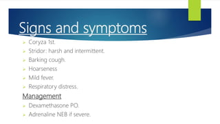 Signs and symptoms
 Coryza 1st.
 Stridor: harsh and intermittent.
 Barking cough.
 Hoarseness
 Mild fever.
 Respiratory distress.
Management
 Dexamethasone PO.
 Adrenaline NEB if severe.
 