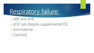 Respiratory failure:
↓RR and ↓HR.
↓O2 sats despite supplemental O2.
Somnolence
Cyanosis
 