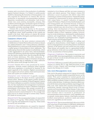 systems and is involved in the production of antibodies
against bacterial diseases. It is linked to cardiovascular
health by decreasing the formation of homocysteine. It is
also required for absorption of vitamin B12 and for
production of monoamine neurotransmitters serotonin,
dopamine, noradrenaline and adrenaline. Lack of pyri­
doxine may cause anemia, neuropathy, seizures, skin
problems andmouth sores. Pyridoxine is given 10-50 mg/
day to patients on INH (isoniazid) to prevent peripheral
neuropathy and other neurologic effects.
Vitamin B6 is absorbed mainly in the jejunum.
Although colonic bacteria synthesize B6, it isnotabsorbed
to significant extent. Small quantities of the vitamin are
stored in the body. Rich sources of vitamin B6 include
yeast,sunflowerseeds,wheatgerm, soyabeansandwalnuts.
Cobalamin (Vitamin B12)
Cyanocobalamin is the most common commercially
availableformof vitaminB12,buttheactive formsin tissues
are methylcobalamin and 5'-deoxyadenosyl cobalamin.
Methylcobalamin isa coenzymein thereactionthattransfers
a methyl group to homocysteine to form methionine. The
methyl group donor for this reaction ismethylfolate, which
is then regenerated to its active form, tetra-hydrofolate.
VitaminB12 deficiencyblocks thisreaction,trappingfolate
into the inactive methyl form, thus favoring the develop­
ment of folate deficiency. The other coenzyme, 5'-
deoxyadenosyl cobalamin, helps in formation of succinyl­
CoA, an essential step in catabolism of valine, isoleucine
and other amino acids through the Kreb cycle.
Sources Vitamin B12 is only produced by micro­
organisms. Animals contain cobalamin either ingested
with micro-organisms or produced by bacteria in the
upper segments of the intestine. Highest concentrations
arein organs such as liver, kidney, heart andmuscle meat;
clams and oysters are excellent sources.
Absorption and metabolism A specific receptor­
mediated process in the ileum involves a glycoprotein,
intrinsic factor. Absence of this gastric protein results in
pernicious anemia, an inability to absorb ingested vitamin
B12.Passivediffusionaccountsfora fractionoftotalabsorp­
tion, but has implications for management of pernicious
anemia with megadoses of vitamin.Cobalamin undergoes
enterohepatic recirculation; this process accounts for a
long half-life of the vitamin. Vitamin B12 is transported
in plasma bound to transcobalamin II. The average total
body pool in an adult is enough to sustain daily vitamin
B12 needs for several years.
Requirements The recommended intake of vitamin B12
for infants is 0.3 µg/day. Older children should receive
0.5-1.5 µg/day and adolescents 2.0 µg/day. These needs
are met by any mixed diet.
Deficiency Most deficiencies are caused by impaired
absorption, due to the deficiency of the intrinsic factor, or
Micronutrients in Health and Disease
intestinal or liver disease and they are more common in
adults and elderly persons. True dietary vitamin B12
deficiency occurs in persons who follow strict diets
containing no animal orfishproducts. VitaminB12 status
is assessed by measurement of serum cobalamin levels,
with values below 1.1 pmol/1 indicative of negative
vitamin B12 balance. Plasma levels of methylmalonic acid
and homocysteine are increased because of block in
vitamin B12-dependent steps of metabolism. Methyl­
malonic aciduria may also occur but is a less consistent
finding. Since development of clinical vitamin B12
deficiency takes a long time, itisrarein infants. Exclusively
breastfed infants of strict vegetarian mothers, however,
may be at risk ofdeficiency,manifested bymethylmalonic
aciduria and megaloblastic anemia. Other features of
deficiency are neutrophil hypersegmentation, megalo­
blastic anemia and thrombocytopenia.
A specific feature of B12 deficiency is a diffuse and
progressive demyelination, which begins in peripheral
nerves and progresses to involve the posterior and lateral
columns of the spinal cord and central nervous system.
These lesions are possibly due to a generalized methyl
group deficiency in the nervoussystem and perhaps also
to toxic accumulation of homocysteine.
Diagnosis of deficiency The anemia is macrocytic and
nucleated RBC showing megaloblastic morphology may
be seen in blood. Levels of red cell folate are low; serum
LOH levels are elevated.
Treatment Deficiencyis treated with parenteral adminis­
trations of vitamin B12 (1 mg). Reticulocytosis is seen
within 2-4 days. Patents with neurologic involvement
require day therapy for 2 weeks.
Folic Acid (Pteroylglutamic Acid)
Folic acid is the parent compound of a group of naturally
occurring, structurally related compounds known as the
folates. Folic acid is essential for normal growth and
maintenance of cells, sinceit acts as a coenzymefornormal
DNA and RNA synthesis. Folate is vital for multiplication
of cells within the fetus. A deficiency therefore affects nor­
mal cell division and protein synthesis, impairing growth.
Folic acid, with vitamin B12 converts homocysteine to
methionine, thereby reducing blood levels of homo­
cysteine and lowering risks of heart disease. It also main­
tains integrity of thecentralnervous system and intestinal
tract function and is involved in production of
neurotransmitters suchasserotonin. Leafyvegetables such
as spinach, turnip greens, lettuces, dried beans and peas,
fortified cereal products, sunflower seeds and certain
fruits and vegetables are rich sources.
Requirements Therecommendeddailyallowanceof folic
acidvaries from 25 mg in infancy to 200mg by adolescence
(Table 7.1). Deficiency is corrected using folic acid at a
dose of 0.5-1 mg/day orally for 3-4 weeks.
 