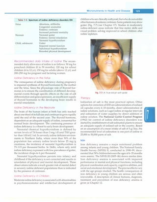 Table 7.3: Spectrum of iodine deficiency disorders IDD
Fetus
Neonate
Child, adolescent
Abortions, stillbirths
Congenital anomalies
Endemic cretinism
Increased perinatal mortality
Neonatal goiter
Endemic mental retardation
Neonatal hypothyroidism
Goiter
Impaired mental function
Subclinical hypothyroidism
Retarded physical development
Recommended daily intake of Iodine The recom­
mended daily allowance of iodine is as follows: 90 mg for
preschool children (0 to 59 months); 120 mg for school
children (6 to 12 yr); 150 mg for adults (above 12 yr); and
200-250 mg for pregnant and lactating women.
Iodine Deficiency in the Fetus
The consequence of iodine deficiency during pregnancy
is impaired synthesis of thyroid hormones by the mother
and the fetus. Since the physiologic role of thyroid hor­
mones is to ensure the coordination of different develop­
mental events through specific effects on the rate of cell
differentiation andgene expression, an insufficient supply
of thyroid hormones to the developing brain results in
mental retardation.
Iodine Deficiency in the Neonate
The brain of the human infant at birth has only reached
aboutone-thirdofits fullsizeandcontinuestogrowrapidly
until the end of the second year. The thyroid hormone,
dependenton an adequate supply of iodine, isessentialfor
normal brain development. The continuing presence of
iodine deficiency is a threat to early brain development.
Neonatal chemical hypothyroidism is defined by
serum levels of T4 lesser than 3 mg/dl and TSH grea­
ter than 100mU/ml. In severely iodine deficient environ­
ments in Northern India, where more than 50% of the
population has urinary iodine levels below 25 mg/g
creatinine, the incidence of neonatal hypothyroidism is
75-115 per thousand births. In Delhi, where only mild
iodine deficiency is present with low prevalence of goiter,
the incidence drops to 6 per thousand.
Neonatal hypothyroidism persists into infancy and
childhood if the deficiency is not corrected and results in
retardation of physical and mental development. These
observations indicate a much greater risk of mental defect
in severely iodine-deficient populations than is indicated
by the presence of cretinism.
Iodine Deficiency in Children
Moderateiodinedeficiencyisassociatedwithabnormalities
in psychoneuromotor and intellectual development of
Micronutrients in Health and Disease -
childrenwhoareclinicallyeuthyroid, butwhodonotexhibit
otherfeaturesofendemiccretinism.Somepatientsmayshow
goiter (Fig. 7.7) (see Chapter 17). Studies in moderately
iodine-deficient areas indicate that fine motor skills and
visual problem solving improved in school children after
iodine repletion.
Fig. 7.7: A 14-yr-old girl with goiter
Therapy
Iodization of salt is the most practical option. Other
optionsforcorrection of IDDareadministration of iodized
oil capsules every 6-10 months, direct administration of
iodine solutions, such as Lugol iodine at regular intervals
and iodization of water supplies by direct addition of
iodine solution. The National Goiter Control Program
(1962) for control of iodine deficiency disorders was
started by establishment ofsalt iodination plants to ensure
an adequate supply of iodized salt in the country. Based
on an assumption of a mean intake of salt of 5 g/day, the
recommended level of iodination is one part of iodine in
25,000 to 50,000 parts of salt.
Iron
Iron deficiency remains a major nutritional problem
among infants and young children. The National Family
Health Survey (NFHS) II, conducted in 1998-99, docu­
mented that 74%childrenbetweenthe ages of 6-35 months
were anemic. The NFHS III (2005-06) shows similar data.
Iron deficiency anemia is associated with impaired
performance in mental and physical functions, including
physical coordination andcapacity,cognitiveabilities, and
social and emotional development. Thepreciseeffectsvary
with the age groups studied. The health consequences of
iron deficiency in young children are serious and often
irreversible. A description of clinical features, diagnosis,
treatment and prevention of iron deficiency anemia is
given in Chapter 12.
 