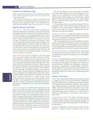 __
E_s_s_e_n_ti_a _i _P_e_d_ia_t_ri_cs-------------------------------
Assessment of Gestational Age
Based on gestation, neonates can be classified as preterm
(<37 week), post-term (�42 week) or term (37-41
completed weeks).
The detailed evaluation requires examination of
physical features and neurological maturity (Fig. 8.15). The
scoring system commonly used is the Expanded New
Ballard Scores (ENBS), which has an accuracy of 1 week.
Regional General Examination
Skin and hair. The skin is examined with regard to
thickness, transparency and edema, rashes and lesions like
hemangioma. Jaundice is detected by pressing on the skin
so that the yellow color of subcutaneous tissue due to
billirubin deposition is highlighted. The skin may exhibit
minor clinical problems that are innocuous and self­
limiting. Ecchymoses or petechiae may relate to birth
trauma, especially ifpresent on head and neck region. The
hair should be observed carefully. Lanugo are the fine hair
of fetal period that shed in two periods; one at 28 weeks
and later at term. The common finding on examination of
nails is the presence of hypoplastic nails that may be
transient in the toe, but, if present in fingers, may indicate
in utero exposure to valproate.
Head andfontanel. The size and shape of the head along
with sutures and fontanels should be examined carefully.
Upon palpation, molding gives the impression of a cliff
with rise on one side and a sharp fall on the other side,
whereas a synostosis (fusion of bones) feels like a mountain
range with rise on both sides of elevation. Some neonates
have delayed ossification and resorption of bones making
the skull feel soft like a ping pong ball. This condition,
termed craniotabes, is benign in neonates and it resolves
spontaneously. The most common findings after birth are
caput succedaneum and cephalohematoma (Fig. 8.16). These
should be differentiated as shown in Table 8.8. A full and
tense fontanel is abnormal in a quiet neonate. Large
fontanels and split sutures are most often normal variants
but they can be associated with increased intracranial
pressure, certain chromosomal abnormalities, hypo­
thyroidism and impaired bone growth like osteogenesis
imperfecta.
Neck,face, eyes and ears. Newborns have short necks. The
neck is examined for masses such as enlarged thyroid
gland, sternomastoid tumor and cystic hygroma. Facial
nerve paresis may occur due to birth injury; this is
identified by the presence of asymmetric fades while the
baby is crying with open eyes and the inability to move
the lips. This should be differentiated from the absence of
depressor anguli oris in which asymmetric crying fades
is observed; however, in this condition, the eyes remain
tightlyshut whilecrying (Fig. 8.17A and B). Nose is looked
for its size, shape, secretions, patency and flaring. The
flaring of the nostrils indicates an increase in respiratory
efforts regardless of the cause.
The alveolar ridge may have natal teeth or retention
cysts (also called Epstein pearls) that disappear in few
weeks. It is very important to examine the palate for cleft.
Subconjunctival hemorrhages are common after vaginal
delivery and resolve spontaneously. The cornea should
be clear. Pupils should be equal in size, reactive to light
and symmetrical.
Gross hearing is often assessed by looking for blink on
response to noise. More formal hearing screening for all
newborns is now recommended. Accessory auricles and
preauricular tags are common finding that may be
associated with renal anomalies.
Umbilicus, anus and spine: Inspect the number of vessels in
the umbilical cord. A single umbilical artery may be found
in 0.7% of live births; this may be associated with renal
and gastrointestinal tract anomalies.
One should palpate the base of the umbilical cord for a
hernia and estimate the diameter of the fascial opening
(Fig. 8.18). The spine should be palpated with a finger to
exclude spina bifida, masses and any scoliosis. The anal
opening should be examined for its patency and position.
Genitalia (male and female): The genital area is examined
by the hips abducted in the supine position. The urethra
and clitoris are examined for patency and cliteromegally
respectively.
Extremities: One should make sure that the arms and limbs
are fully movable with no evidence of dislocation or
asymmetry of movements. The fingers are counted and
any abnormality noted like nail hypoplasia, syndactyly,
polydactyly, oligodactyly or unequal limbs. A calcaneo­
valgus deformity is usually self-correcting within the next
few months but equinovarus is much more sinister and
should be brought to the notice of an orthopedic specialist
(Fig. 8.19).
Systemic Examination
Chest The anteroposterior diameter of the neonate's chest
is roughly same as the transverse diameter. Respiratory
distress is indicated by nasal flaring, grunting, tachypnea
and intercostal and subcostal retractions. Such distress
may indicate pneumonia, respiratory distress syndrome
(RDS), delayed reabsorption of lung fluid or any other
cardiorespiratory cause. Stridor may be inspiratory,
indicating large airway obstruction, or there may be
expiratory prolongation, indicating a small airway
obstruction.
Cardiovascular system An infant with heart disease
manifests with tachypnea, cyanosis or both. The position
of apical impulse may give idea regarding presence of
conditions like congenital diaphragmatichernia(CDH)and
pneumothorax.
Abdomen Inspection of abdomen may reveal unusual
flatness or scaphoid shape of abdomen that may be
 