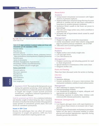 __
E_s_s_e_n_t _ia_i_P_e_d_ i_at_r_ic_s_________________________________
Fig. 8.36: Baby with intrauterine growth retardation showing many
loose folds of skin
Table 8.12: Major problems in preterm babies and those with
intrauterine growth retardation (IUGR)
Preterm babies
Hypothermia
Perinatal asphyxia
Respiratory (hyaline membrane disease, pulmonary hemorr-
hage, pneumothorax,bronchopulmonarydysplasia, pneumonia)
Bacterial sepsis
Apnea of prematurity
Metabolic (hypoglycemia, hypocalcemia)
Hematologic (anemia, hyperbilirubinemia)
Feeding problems and poor weight gain
Babies with IUGR
Perinatal asphyxia
Meconium aspiration
Hypothermia
Hypoglycemia
Feed intolerance
Polycythemia
Poor weight gain
• AsymmetricIUGR: The insult on the fetal growth occurs
during late gestation producing a brain sparing effect.
Head circumference is relatively preserved compared
to length and weight. Causes include placental
insufficiency, pregnancy-induced hypertension or
maternal medical diseases.
Smallfor gestational age (SCA): It is a statistical definition
and denotes weight of infant being less than 2 standard
deviation or lessthan the tenthpercentileof thepopulation
norms (plotted on intrauterine growth chart). SGA and
IUGR are considered synonymous.
Issues in LBW Care
Besides the pathologies that can affect all neonates
irrespective of weight and gestation, LBW may have
additional complications requiring special care.
Resuscitation
Problems
• Compromised intrauterine environment with higher
chances of perinatal asphyxia
• Preterm babies have immature lungs that may be more
difficult to ventilate and are also more vulnerable to
lung injury by positive pressure ventilation.
• Immature blood vessels in the brain are prone to
hemorrhage
• Thin skin and a large surface area, which contribute to
rapid heat loss
• Increased risk of hypovolemic shock caused by small
blood volume
Management
• Prepare for high risk of need for resuscitation
• Gentle resuscitation (small tidal volume) using small
bags for positive pressure ventilation, use of CPAP
• Take extra care to avoid hypothermia
Temperature Control
Problems
• Higher surface area to body weight ratio
• Low glycogen stores
• Low subcutaneous fat
Management
• Frequent monitoring and educating parents for need
to check temperature
• Special attention to maintenance of the warm chain
• Kangaroo mother care
Fluids and Feeding
These have been discussed under the section on feeding.
Infection
Problems
• Immature defenses
• Greater probability of invasive interventions like
mechanical ventilation, umbilicalvesselcatheterization.
Management
• Strict adherence to asepsis, hand hygiene
• Minimal handling of babies
• Low threshold for suspicion of sepsis, adequate and
appropriate use of antibiotics
• Decreasing exposure to adults/other children with
communicable diseases particularly respiratory.
Metabolic Derangements
Problems
• Low hepatic glycogen stores with rapid depletion in
stress places these infants at increased risk of hypo­
glycemia.
• Immatureglucosehomeostaticmechanismsinpremature
babies can also lead to decreased inability to utilize
glucose and resultant hyperglycemia, especially during
stressful periods like infection.
 