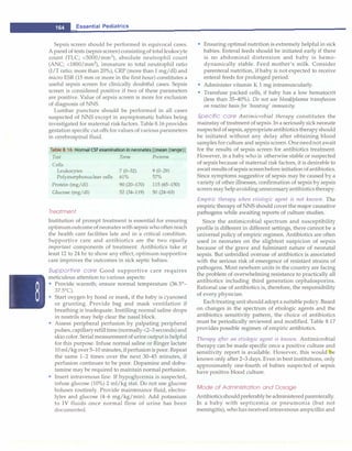 __
E
_
s
_
s
_
e
_
n
_
t
_
ia
_
i
_
P
_
e
_
d
_
i
_
at
_
r
_
ic
_
s_________________________________
Sepsis screen should be performed in equivocal cases.
A panel of tests (sepsis screen)consistingof totalleukocyte
count (TLC; <5000/mm3), absolute neutrophil count
(ANC; <1800/mm3
), immature to total neutrophil ratio
(I/T ratio; more than 20%), CRP (more than 1 mg/dl) and
micro ESR (15 mm or more in the first hour) constitutes a
useful sepsis screen for clinically doubtful cases. Sepsis
screen is considered positive if two of these parameters
are positive. Value of sepsis screen is more for exclusion
of diagnosis of NNS.
Lumbar puncture should be performed in all cases
suspected of NNS except in asymptomatic babies being
investigated for maternal risk factors. Table 8.16 provides
gestation specific cut offs for values of various parameters
in cerebrospinal fluid.
Table 8.16: Nonnal CSF examination in neonates [(mean (range)J
Test Term Preterm
Cells
Leukocytes 7 (0-32) 9 (0-29)
Polyrnorphonuclear cells 61% 57%
Protein (mg/dl) 90 (20-170) 115 (65-150)
Glucose (mg/dl) 52 (34-119) 50 (24-63)
Treatment
Institution of prompt treatment is essential for ensuring
optimumoutcomeofneonateswith sepsis who oftenreach
the health care facilities late and in a critical condition.
Supportive care and antibiotics are the two equally
important components of treatment. Antibiotics take at
least 12 to 24 hr to show any effect, optimum supportive
care improves the outcomes in sick septic babies.
Supportive care Good supportive care requires
meticulous attention to various aspects:
• Provide warmth; ensure normal temperature (36.5°
-
37.50
C).
• Start oxygen by hood or mask, if the baby is cyanosed
or grunting. Provide bag and mask ventilation if
breathing is inadequate. Instilling normal saline drops
in nostrils may help clear the nasal block.
• Assess peripheral perfusion by palpating peripheral
pulses,capillaryrefilltime (normally <2-3 seconds)and
skincolor.Serial measurement of urine output is helpful
for this purpose. Infuse normal saline or Ringer lactate
10ml/kgover5-10 minutes, ifperfusionis poor. Repeat
the same 1-2 times over the next 30-45 minutes, if
perfusion continues to be poor. Dopamine and dobu­
tamine may be required to maintain normal perfusion.
• Insert intravenous line. If hypoglycemia is suspected,
infuse glucose (10%) 2 ml/kg stat. Do not use glucose
boluses routinely. Provide maintenance fluid, electro­
lytes and glucose (4--o mg/kg/min). Add potassium
to IV fluids once normal flow of urine has been
documented.
• Ensuring optimal nutrition is extremely helpful in sick
babies. Enteral feeds should be initiated early if there
is no abdominal distension and baby is hemo­
dynamically stable. Feed mother's milk. Consider
parenteral nutrition, if baby is not expected to receive
enteral feeds for prolonged period.
• Administer vitamin K 1 mg intramuscularly.
• Transfuse packed cells, if baby has a low hematocrit
(less than 35-40%). Do not use blood/plasma transfusion
on routine basis for 'boosting' immunity.
Specific care Antimicrobial therapy constitutes the
mainstay of treatment of sepsis. In a seriously sick neonate
suspected of sepsis,appropriateantibioticstherapy should
be initiated without any delay after obtaining blood
samples forculture and sepsis screen. Oneneednot await
for the results of sepsis screen for antibiotics treatment.
However, in a baby who is otherwise stable or suspected
of sepsis because of maternal risk factors, it is desirable to
await results of sepsis screenbefore initiation ofantibiotics.
Since symptoms suggestive of sepsis may be caused by a
variety of other illnesses, confirmation of sepsis by sepsis
screenmay helpavoidingunnecessaryantibioticstherapy.
Empiric therapy when etiologic agent is not known. The
empiric therapy of NNS should cover the major causative
pathogens while awaiting reports of culture studies.
Since the antimicrobial spectrum and susceptibility
profile is different in different settings, there cannot be a
universal policy of empiric regimen. Antibiotics are often
used in neonates on the slightest suspicion of sepsis
because of the grave and fulminant nature of neonatal
sepsis. But unbridled overuse of antibiotics is associated
with the serious risk of emergence of resistant strains of
pathogens. Most newborn units in the country are facing
the problem of overwhelming resistance to practically all
antibiotics including third generation cephalosporins.
Rational use of antibiotics is, therefore, the responsibility
of every physician.
Eachtreatingunit shouldadopt a suitable policy. Based
on changes in the spectrum of etiologic agents and the
antibiotics sensitivity pattern, the choice of antibiotics
must be periodically reviewed and modified. Table 8.17
provides possible regimen of empiric antibiotics.
Therapy after an etiologic agent is known. Antimicrobial
therapy can be made specific once a positive culture and
sensitivity report is available. However, this would be
known only after 2-3 days. Even in best institutions, only
approximately one-fourth of babies suspected of sepsis
have positive blood culture.
Mode of Administration and Dosage
Antibioticsshouldpreferablybe administeredparenterally.
In a baby with septicemia or pneumonia (but not
meningitis), who hasreceived intravenous ampicillin and
 