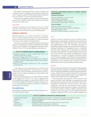 __
e_s_s_e_n_ti_a _i _P_e_d_ia_t_ri_cs
_______________________________ _
The blood, cerebrospinal fluid, urine and stools are
cultured. Shock is managed by replacement of fluids and
use of vasopressoragents.Plasma andplatelet transfusion
may be necessary to prevent bleeding tendency.
Perforation is suggested if there is free intra-abdominal
gas and liver dullness is obliterated. Surgical intervention
is required in these cases.
Sequelae
Intestinal strictures may develop in survivors. These
manifest with bloody stools, vomiting and abdominal
distention. Shortened bowel leads to malabsorption.
PERrNATAL ASPHYXfA
Perinatal asphyxia is an insult to the fetus or newborn
due to a lack of oxygen (hypoxia) and/or a lack of per­
fusion (ischemia) to various organs. It is often associated
with tissue lactic acidosis and hypercarbia.
There is no universally accepted definition of perinatal
asphyxia. The American Academy ofPediatrics Committee
on Fetus and Newborn has suggested essential criteria
(Tables 8.18 and 8.19) for defining perinatal asphyxia.
Table 8.18: Essential criteria for perinatal asphyxia
Prolonged metabolic or mixed acidemia (pH <7.0) on an
umbilical arterial blood sample
Persistence of Apgar score of 0-3 for >5 min
Neurological manifestations, e.g. seizures, coma, hypotonia
or hypoxic ischemic encephalopathy (HIE) in the immediate
neonatal period
Evidence of multiorgan dysfunction in the immediate
neonatal period
In the absence of such quantification, it is better to use
the term 'neonatal depression', which refers to a condition
of the infant in the immediate postnatal period (approxi­
mately 1st hr) without making any association with
objective evidence.
NationalNeonatology Forum of India (NNF) and WHO
use an Apgar of 0-3 and 4-7, at 1 min, to define severe
and moderate birth asphyxia respectively (1985). For the
community settings NNF defines asphyxia as absence of
cry at 1 min and severe asphyxia as absent or inadequate
breathing at five minutes.
Neuropathology
These differ according to gestation (Table 8.20) and are of
the following main types:
Table 8.20: Neurological patterns of hypoxic ischemic
encephalopathy
Premature newborns
Selective subcortical neuronal necrosis
Periventricular leukomalacia
Focal and multifocal ischemic necrosis
Periventricular hemorrhage or infarction
Term newborns
Selective cortical neuronal necrosis
Status marmoratus of basal ganglia and thalamus
Parasagittal cerebral injury
Focal and multifocal ischemic cerebral necrosis
Term
Selective neuronal necrosis involves cerebral cortex,
hippocampus, basal ganglia, cerebellumand anteriorhorn
cells of spinal cord. Seen predominantly in term infants
and depending on site, this manifests clinically as
diminished consciousness, seizures and abnormalities of
feeding, breathing, etc. Parasagittal area is a watershed
area for many arteries and is vulnerable to ischemia
resulting in proximal limb weakness (upper >lower) that
later may develop into spastic quadriparesis. Status
marmoratus is a variant of selective neuronal necrosis
involving basal ganglia and thalamus, having longterm
sequelae such as choreoathetosis, spastic quadriparesis and
retardation. Focal necroses are commonly thrombo­
embolic and involve the left middle cerebral artery.
Preterm
Selectiveneuronal necrosisisrare in preterms; diencephalic
neuronal necrosis restricted to thalamus and brainstem
with orwithouthypothalamus andlateralgeniculatebody
is seen. Hypoxia and acidosis followed by hyperoxia
demonstrates a unique pattern of injury involving pontine
nucleus and subiculum of the hippocampus.
Periventricular leukomalacia (PVL) results from
hypoxic-ischemic insult leading to coagulative necrosis
and infarction of periventricular white matter that is the
watershed area between various arteries. Two areas
frequently involved are the posterior white matter,
involving the occipital radiation at trigone and anteriorly
around the foramen of Munro. Relative sparing of the
cerebral cortex is seen due to its rich supply of arteries.
Longterm sequelae of PVL include spastic diplegia and
Table 8.19: Multiorgan dysfunction in perinatal asphyxia
Central nervous system
Pulmonary
Renal
Metabolic
Gastrointestinal
Hematological
Hypoxic ischemic encephalopathy, cerebral edema, longterm neurological sequelae
Pulmonary hypertension, meconium aspiration, surfactant disruption
Acute renal failure
Metabolic acidosis, hypoglycemia, hypocalcemia, hyponatremia
Necrotizing enterocolitis, hepatic dysfunction
Thrombocytopenia, disseminated intravascular coagulation
 