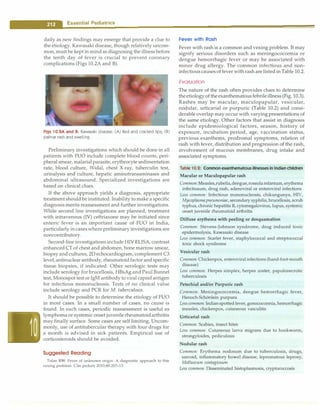 --E•s•s•e •n•t-ia•l•P• e•d-ia.t.ri•c•
s----------------------------------
daily as new findings may emerge that provide a clue to
the etiology. Kawasaki disease, though relatively uncom­
mon, must be kept in mind as diagnosing the illness before
the tenth day of fever is crucial to prevent coronary
complications (Figs 10.2A and B).
Figs 10.2A and B: Kawasaki disease: (A) Red and cracked lips; (B)
palmar rash and swelling
Preliminary investigations which should be done in all
patients with FUO include complete blood counts, peri­
pheral smear, malarial parasite, erythrocyte sedimentation
rate, blood culture, Widal, chest X-ray, tuberculin test,
urinalysis and culture, hepatic aminotransaminases and
abdominal ultrasound. Specialized investigations are
based on clinical clues.
If the above approach yields a diagnosis, appropriate
treatment should be instituted. Inability to make a specific
diagnosis merits reassessment and further investigations.
While second line investigations are planned, treatment
with intravenous (IV) ceftriaxone may be initiated since
enteric fever is an important cause of FUO in India,
particularly in caseswhere preliminary investigations are
noncontributory.
Second-line investigations include HIV ELISA, contrast
enhanced CT of chest and abdomen, bone marrow smear,
biopsy and cultures, 20 echocardiogram, complement C3
level, antinuclear antibody, rheumatoid factor and specific
tissue biopsies, if indicated. Other serologic tests may
include serology for brucellosis, HBsAg and Paul Bunnel
test, Monospot test or IgM antibody to viral capsid antigen
for infectious mononucleosis. Tests of no clinical value
include serology and PCR for M. tuberculosis.
It should be possible to determine the etiology of FUO
in most cases. In a small number of cases, no cause is
found. In such cases, periodic reassessment is useful as
lymphoma or systemic onsetjuvenile rheumatoid arthritis
may finally surface. Some cases are self limiting. Uncom­
monly, use of antitubercular therapy with four drugs for
a month is advised in sick patients. Empirical use of
corticosteroids should be avoided.
Suggested Reading
Tolan RW. Fever of unknown origin: A diagnostic approach to this
vexing problem. Clin pediatr 2010;49:207-13.
Fever with Rash
Fever with rash is a common and vexing problem. It may
signify serious disorders such as meningococcemia or
dengue hemorrhagic fever or may be associated with
minor drug allergy. The common infectious and non­
infectious causes of fever with rash are listed in Table 10.2.
Evaluation
The nature of the rash often provides clues to determine
the etiology of the exanthematous febrile illness (Fig. 10.3).
Rashes may be macular, maculopapular, vesicular,
nodular, urticaria! or purpuric (Table 10.2) and consi­
derable overlap may occur with varying presentations of
the same etiology. Other factors that assist in diagnosis
include epidemiological factors, season, history of
exposure, incubation period, age, vaccination status,
previous exantherns, prodromal symptoms, relation of
rash with fever, distribution and progression of the rash,
involvement of mucous membranes, drug intake and
associated symptoms.
Table 10.2: Common exanthematous illnesses in Indian children
Macular or Maculopapular rash
Common:Measles,rubella,dengue,roseolainfantum, erythema
infectiosum, drug rash, adenoviral or enteroviral infections
Less common: Infectious mononucleosis, chikungunya, HIV,
Mycoplasma pneumoniae, secondary syphilis, brucellosis, scrub
typhus, chronic hepatitis B, cytomegalovirus, lupus, systemic
onset juvenile rheumatoid arthritis
Diffuse erythema with peeling or desquamation
Common: Stevens-Johnson syndrome, drug induced toxic
epidermolysis, Kawasaki disease
Less common: Scarlet fever, staphylococcal and streptococcal
toxic shock syndrome
Vesicular rash
Common: Chickenpox, enteroviralinfections (hand-foot-mouth
disease)
Less common: Herpes simplex, herpes zoster, papulonecrotic
tuberculosis
Petechial and/or Purpuric rash
Common: Meningococcemia, dengue hemorrhagic fever,
Henoch-Schonlein purpura
Less common: Indian spottedfever, gonococcemia, hemorrhagic
measles, chickenpox, cutaneous vasculitis
Urticaria! rash
Common: Scabies, insect bites
Less common: Cutaneous larva migrans due to hookworm,
strongyloides, pediculosis
Nodular rash
Common: Erythema nodosum due to tuberculosis, drugs,
sarcoid, inflammatory bowel disease, lepromatous leprosy;
Molluscum contagiosum
Less common: Disseminated histoplasmosis, cryptococcosis
 