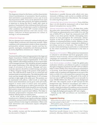 Diagnosis
The diagnosisisbased on the history and thecharacteristic
clinical manifestations of asymmetric flaccid paralysis.
Stool examination is recommended in every case of acute
flaccid paralysis (AFP). Virus can be detected from onset
to 8 or more weeks after paralysis; the highest probability
of detection is during the first 2 weeks after onset of
paralysis. Examination of the cerebrospinalfluid (cell count,
Gram stain, protein and glucose) is useful in eliminating
other conditions that cause AFP. Current serologic tests
cannot differentiate between wild and vaccine virus
strains. Collection of blood specimens for culture or
serology is not recommended.
Differential Diagnosis
The two diseases most commonly confused with polio are
Guillain-Barre syndrome and transverse myelitis. Other
conditions with apresentation similar to those of paralytic
poliomyelitis include traumatic neuritis and less fre­
quently, meningitis, encephalitis and illnesses produced
by toxins (diphtheria, botulism) (see Chapter 19).
Treatment
Treatmentshouldbeearlyandappropriateto thestageand
degree of paralysis. Children with bulbospinal polio and
respiratory paralysis require hospitalization. In the acute
stage, children with isolated paralysis of one or more limbs
can bemanagedathome. They should be advised complete
rest, proper positioning of the affected limb and passive
range of movement at the joints. Massage and intra­
muscular injection should be avoided during acute phase
of illness. Frequent change of the posture of the patient is
must. The child should be made to lie on a firm bed and
maintainlimbsinneutralposition. Thechildshouldliewith
trunk and hip straight with slight flexion (5-10°
) at knees
and feet at right angle at the ankle joint. This position can
be maintained with pillows, rolled towels or sand bags.
Warm moist fomentations can be given with soft towels,
dipped in warm water to relieve pain and spasms.
Analgesics can also be given to relieve pain and fever. All
the joints of affected limb/limbs should be moved through
their passive range of movements, 2-3 times a day for 10
times at each joint, to prevent joint stiffness. This helps to
stimulate proprioceptive impulses from muscles and
tendons, helping improve muscle power.
As the acute phase of illness subsides, recovery in
muscle power is helped bygivingphysiotherapy, helping
ambulation and prevention of deformities. Some children
require orthosis at some stage for ambulation. Others with
fixed deformities and contractures require orthopedic
intervention.
Prevention of Poliomyelitis
The available vaccines and the recommended schedule
are discussed in Chapter 9.
Infections and Infestations -
Eradication of Polio
Eradication is possible because polio affects only man,
immunity is lifelong, a safe vaccine is available and there
are no carriers or reservoirs of the infection. The strategies
for achieving this goal are:
Attaining high rntes ofroutine immunization. Every child less
than 1-yr-old should be immunized with at least three
doses of oral poliovirus vaccine (OPV).
National immunization days (NIDs). On these days, under
the pulse polio immunization (PPI) program, additional
OPV doses are administered to every child <5-yr-old. The
aim of NIDs/PPI is to 'flood' the community with OPV
within a very short period, thereby interrupting trans­
mission of virus throughout the community. Intensi­
fication of the PPI program is accomplished by the
addition of extraimmunization rounds, adding a house­
to-house 'search and vaccinate' component in addition to
providing vaccine at a fixed post. The number of PPI
rounds conducted during any particular yr is determined
by the extent of poliovirus transmission in the state or
district.
Mopping-up immunization. When poliovirus transmission
is reduced to well-defined and focal geographic areas,
intensive house-to-house, child-to-child immunization
campaigns are conducted over a period of days to break
the final chains of virus transmission.
Acute flaccid paralysis surveillance. Under the global polio
eradication initiative, surveillance for polio is conducted
throughinvestigationofpatientswithAFP.AFPsurveillance
helps to detect reliable areas where poliovirus transmission
is occurring. Acute flaccid paralysis (AFP) is defined as
sudden onset of weakness and floppiness in any part of the
bodyina child <15-yr-oldorparalysis in apersonof any age
in whom polio is suspected. In other parts of the world, at
least one case of AFP (excluding polio) occurs annually for
every 100,000 children less than 15 yr of age (background
AFP rate). The nonpolio causes of AFP account for this
background rate. Sensitive surveillance will detect a
background AFP rate of 1 per 100,000 children. In our
country, wheretheincidenceof conditions such as traumatic
neuritis and AFP caused by other nonpolio enteroviruses is
very high, the background nonpolio AFP rate is higher.
Details on the AFP surveillance are mentioned in
Chapter 19.
Suggested Reading
National Polio Survei.llance Project, at: http://www.npspindia.org/
index.asp. accessed on May 21,2012
WHO position paper. Poliovaccines and immunization. Weekly
epidemiologic record 2010;85:213-28
Hand-Foot-Mouth Disease
Hand-foot-mouth disease is a common viral illness
primarily affecting children below 5 yr. It is caused by
 