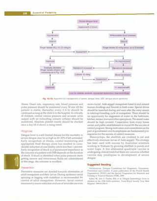 __
E_s_s_e _n_t.ia•l•P•e•d-i
a_ t_r.ic_s_________________________________
Severe dengue fever
[A�ssme;;t° of shock
Hypotension
�+
loss 1111
..
[u'n'rec"ord� blood pressure j
+
DSSIV
Ringer lactate 20 ml/kg bolus; up to 3 boluses
Ringer lactate (RL) 10-20 ml/kg/hr]
,-- • Assessment1------------�
�Noimp�
Gradually decrease �ocrit increasedJ<14------'
jHe
matocrit !ecreasedj
Ringer lactate infusion with 1 -- T
monitoring as in Fig. 10.9 't 't
-r Colloids 10 ml/kg [Blood transfusio�
I •fAs-;;sment
1
4 I
I
.�---------'------..
Improved � improveme-;it]
Look for anemia, acidosis, myocardial dysfunction; treat accordingly
Fig. 10.10: Algorithm for management of severe dengue fever. DSS dengue shock syndrome
illness. Heart rate, respiratory rate, blood pressure and
pulse pressure should be monitored every 30 min till the
patient is stable, thereafter every 2-4 hr should be
continued as long as the child is in the hospital. In critically
ill children, central venous pressure and accurate urine
output with an indwelling urinary catheter should be
monitored. Absolute platelet counts should be checked
once a day till it shows a rising trend.
Prognosis
Dengue fever is a self-limited disease but the mortality in
severe dengue may be as high as 20-30% if left untreated.
Early recognition of illness, careful monitoring and
appropriate fluid therapy alone has resulted in consi­
derable reduction ofcase fatality rate to less than 1 percent.
Early recognition of shock is of paramount importance as
the outcome of a patient with DSS depends on the duration
of shock. If shock is identified when pulse pressure starts
getting narrow and intravenous fluids are administered
at this stage, the outcome is excellent.
Prevention
Preventive measures are directed towards elimination of
adult mosquitoes and their larvae. During epidemics aerial
spraying or fogging with malathion is recommended for
control of adult mosquitoes. However, larval control
measures by source reduction anduse of larvicides are even
more crucial. Aedes aegypti mosquitoes breed in and around
human dwellings and flourish in fresh water. Special drives
should be launched during and soon after the rainy season
to interrupt breeding cycle of mosquitoes. There should be
no opportunity for stagnation of water in the bathroom,
kitchen, terrace,lawnandotheropenplaces. The stored water
should be kept covered. Cooperation from every house
owner and public establishment is crucial for the success of
control program. Strong motivationandcommitment on the
part of government and its employees are fundamental pre­
requisites for the success of control measures.
Mesocyclops, the shellfish are credited to eat and
effectively eliminate larvae of Aedes aegypti. The strategy
has been used with success by Australian scientists
working in Vietnam by growing shellfish in ponds and
water traps. A live attenuated quadruple vaccine is
undergoing clinical trials but there are concerns whether
vaccine may predispose to development of severe
dengue.
Suggested Reading
Anonymous. Dengue Guidelines for Diagnosis, Treatment,
Prevention and Control. A joint publication of the World Health
Organization (WHO) and the Special Programme for Research and
Training in Tropical Diseases (TOR), 2009
Kabra SK, Jain Y, Pandey RM, et al. Dengue hemorrhagic fever in
children in the 1996 Delhi epidemic. Trans Royal Society Trop Med
Hygiene 1999;93:294-8
 