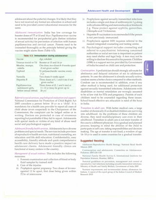 adolescentabout the pubertal changes. It is likely thatthey
have not received any formal sex education in school and
need to be provided correct educational resources for the
same.
Adolescent immunization. India has low coverage for
booster doses of TIat 10 and 16 yr. Papillomavirus vaccine
is recommended for peripubertal girls (before initiation
of sexual activity) for prevention of infection with human
papillomavirus and cervical cancer. Parents need to be
counseled thoroughly as the principle behind giving the
vaccine might alarm them (Table 4.5).
Table 4.5: Immunization during adolescence
Vaccine
Tetanus toxoid or Td
Measles, mumps,
rubella
Typhoid
Varicella
Hepatitis B
Papillomavirus
(adolescent girls,
before sexual debut)
Age; schedule
Booster at 10 and 16 yr
One dose; twodoses 4-8weeks apart
if not given earlier
Vi polysaccharide vaccine; every
3 yr
Two doses 8 weeks apart
Three doses at 0, 1 and 6 mo if not
given earlier
Three doses at (0, 1 and 6 mo) at
11-12 yr (may be given up to
26 yr)
Referral tosocialservices, psychological evaluationand support.
National Commission for Protection of Child Rights Act
2005 considers a person below 18 yr as a 'child'. It is
mandatory for a health care provider to report all cases of
child abuse (even suspected) to the Chairperson of the
Commission; the complaint can be lodged online or in
writing. Doctors are protected in case of erroneous
reporting butpunishable if they fail to report. Adolescents
with special needs or victims of any kind of abuse need
social and psychological support.
Adolescentfriendlyhealth services. Adolescentshave diverse
problemsandspecialneeds. Theservicesinclude provision
ofreproductivehealth services, nutritional counseling, sex
education and life skill education. Confidentiality, easy
accessibility, friendly attitude and quick comprehensive
health care delivery have made a positive impact on
adolescent clients. Adolescent friendly clinics are
functional at many centers in the country.
Management of sexual violence. This includes the following
measures:
1. Forensicexamination and collection of blood or body
fluid samples by trained staff
ii. Care of the injuries
iii. Prophylaxis against pregnancy: Two doses of levono­
rgestrel 12 hr apart, first dose being given within
72 hr of intercourse
Adolescent Health and Development -
iv. Prophylaxis against sexually transmitted infections
includes a single oral dose of azithromycin 1 g along
withcefixime400mgandmetronidazoleortinidazole
2 g. These protect against syphilis, gonorrhea,
Chlamydia and Trichomonas.
v. Hepatitis B vaccination isrecommendedif the person
is not previously immunized.
vi. Prophylaxis against HIV requires referral to the
nearest integrated counseling and testing centre.
vii. Psychological support includes counseling and
referral to a psychiatrist. Informing concerned
authorities or social services is important as patient
may need shelter and legal help. A teen may not be
willingtodisclosethisassaulttohisparents. Childline
(1098) is a support service provided by Government
of India focussed on child care and protection.
Contraception. A pediatricianshould strongly advocate for
abstinence and delayed initiation of sex to adolescent
patients. In case the adolescent is already sexually active,
condom seems a betterchoicecompared to other methods.
Condom use is recommended in addition, even if any
other method is being used, for additional protection
against sexually transmitted infections. Adolescents with
disabilities or mental retardation are wrongly assumed
to be at low risk for STis and pregnancy. Parents of such
children need to be counseled regarding these issues.
School based effective sex education is need of the hour
in India.
Transition to adult care. With better medical care, a large
number ofchronicallyill ordisabledchildrenare surviving
into adulthood. As the problems of these children are
diverse, they need multidisciplinary care even in their
adulthood. Transition to adult care is not mere transfer of
thecaseto adifferent physician. Itis a gradual and planned
process; keeping in mind the abilities of the child to
participate in self-care, taking responsibilities and decision
making. The age at transfer is not fixed; a window of age
14-18 yr is used in some countries for a gradual transfer.
Suggested Reading
Adolescent Reproductive Health Strategy. National Rural Health
Mission 2005
Contraception and adolescents. Committee on Adolescence.
Pediatrics 2007;120:1135
National Family Health Survey-3, International Institute for
Population Sciences, Mumbai; 2005-6
National guidelines on prevention, management and control of
reproductive tract infections including sexually transmitted infections.
Ministry of Health and Family Welfare, Government of India 2007
Nutrient requirements and recommended dietary allowances for
Indians. A report of the expert group of the Indian Council of Medical
Research 2010
 