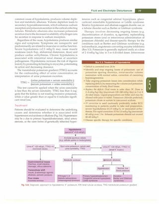 common cause of hypokalemia, produces volume deple­
tion and metabolic alkalosis. Volume depletion leads to
secondary hyperaldosteronism, which enhances sodium
resorptionandpotassiumsecretion inthecorticalcollecting
tubules. Metabolic alkalosis also increases potassium
secretionduetothedecreasedavailabilityofhydrogenions
for secretion in response to sodium resorption.
Regardless of the cause, hypokalemia produces similar
signs and symptoms. Symptoms are nonspecific and
predominantlyare relatedto muscularor cardiac function.
Severe hypokalemia (<2.5 mEq/1) may cause muscle
weakness (neck flop, abdominal distension, ileus) and
produce cardiac arrhythmias. Chronic hypokalemia is
associated with interstitial renal disease of uncertain
pathogenesis. Hypokalemia increases the risk of digoxin
toxicitybypromotingitsbinding to myocytes, potentiating
its action and decreasing clearance.
The transtubular potassium gradient (TIKG) accounts
for the confounding effect of urine concentration on
interpretation of urine potassium excretion.
(urine potassium x serum osmolality)
TTKG = ,, . .
l 1. )
.serum potassium x urme osmo a 1ty
This test cannot be applied when the urine osmolality
is less than the serum osmolality. TIKG less than 4 sug­
gests that the kidney is not wasting excessive potassium,
while a value greater than or equal to 4 indicates signifi­
cant renal loss.
Treatment
Patients should be evaluated to determine the underlying
causes and determine whether it is associated with
hypertensionandacidosisoralkalosis (Fig.5.6). Hypertension
may be a clue to primary hyperaldosteronism, renal artery
stenosis, or the rarer forms of genetically inherited hyper-
Fluid and Electrolyte Disturbances -
tension such as congenital adrenal hyperplasia, gluco­
corticoid remediable hypertension or Liddle syndrome.
Relative hypotension and alkalosis suggests diuretic use, or
a tubular disorder such as Bartter or Gitelman syndrome.
Therapy involves decreasing ongoing losses (e.g.
discontinuation of diuretics, �-agonists), replenishing
potassium stores (oral or intravenous administration of
potassium chloride) and disease-specific therapy for the
conditions such as Bartter and Gitelman syndrome (e.g.
indomethacin,angiotensin-converting enzyme inhibitors)
(Box 5.3). Potassium is generally replaced orally at a dose
of 2-4 mEq/kg/day in 3 or 4 divided doses. Intravenous
Box 5.3: Treatment of hypokalemia
• Deficit is corrected over 24 hr
• Identify and stop ongoing losses of potassium: use of
potassium sparing diuretics, intravascular volume
restoration with normal saline, correction of coexisting
hypomagnesemia
• Take ongoing potassium losses into consideration while
replacingdeficit, bymeasuring thevolumeand potassium
concentration of body fluid losses
• Replace the deficit: Oral route is safer than IV. Dose is
2-4 mEq/kg/day (maximum 120-240 mEq/day) in 3 or 4
divided doses. Liquid preparations are bitter and may be
diluted with juice or water. Potassium chloride preferred;
potassium citrate or acetate in concurrent acidosis
• IV correction is used cautiously preferably under ECG
monitoring in patients unable to take oral preparation,
severe hypokalemia (5 2.5 mEq/1), or associated arrhy­
thmias. For rapid correction: 0.5 to 1.0 mEq/kg (maximum
40 mEq) over 1 hr. Infusate potassium should not exceed
40-60 mEq/1
• Disease specific therapy for specific conditions
Hypokalemia
(serum K• <3.5 mEq/L)
Urine K• <20 mEq/L, TTKG <4l
(nonrenal cause)
-- r·------,
Gastrointestinal losses
Diarrhea, small intestine
drainage, villous adenoma
Transcellular shift
Insulin, �-adrenergic agonist,
alkalosis, periodic paralysis
Poor intake
Anorexia nervosa
Exclude spurious values
(e.g. cellular uptake in leukocytosis)
Spot urine potassium, ;e�� Urine K• >20 m
.
Eq/L, TTKG >41
urine osmolality, TTKG
j
,...._
___ ( nal K I s )
...------------===_-J-1e �
* J
rMetabolic acidosis @etabolic alkalosisI
RTA type 1, 2
Diabetic ketoacidosis
Ureterosigmoid diversion
Fig. 5.6: Diagnostic approach to hypokalemia. K+
potassium; RTA renal tubular acidosis; TIKG transtubular potassium gradient
 