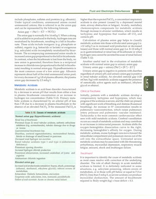 include phosphates, sulfates and proteins (e.g. albumin).
Under typical conditions, unmeasured anions exceed
unmeasured cations; this is referred to as the anion gap
and can be represented by the following formula:
Anion gap = (Na+) - (Cl-+ HC03)
The anion gap is normally8 to 16 mEq/1. When a strong
acidisaddedtoorproducedinthebody, hydrogenionsare
neutralized by bicarbonate, resulting in a fall in bicarbo­
nate. These acids include inorganic (e.g. phosphate or
sulfate), organic (e.g. ketoacids or lactate) or exogenous
(e.g. salicylate) acids incompletely neutralized by bicar­
bonate. The accompanying unmeasured anion results in
increasedaniongapproportionaltothefallinbicarbonate.
Incontrast, when the bicarbonate is lost from the body, no
new anion is generated; therefore there is a reciprocal
increaseinchlorideions (proportionaltothefallinbicarbo­
nate) resulting in normal anion gap. Hypoalbuminemia is
the most common cause of a low anion gap. Albumin
represents about half of the total unmeasured anion pool;
foreverydecreaseof 1 g/dlofplasmaalbumin, theplasma
anion gap decreases by 2.5 mEq/1.
Metabolic Acidosis
Metabolic acidosis is an acid-base disorder characterized
by a decrease in serum pH that results from either a loss
in plasma bicarbonate concentration or an increase in
hydrogen ion concentration (Table 5.12). Primary meta­
bolic acidosis is characterized by an arterial pH of less
than 7.35 due to a decrease in plasma bicarbonate in the
absence of an elevated PaC02. If the measured PaC02 is
Table 5.12: Causes of metabolic acidosis
Normal anion gap (hyperchloremic acidosis)
Renal loss ofbicarbonate
Proximal (type 2) renal tubular acidosis, carbonic anhydrase
inhibitors (e.g. acetazolamide), tubular damage due to drugs
or toxins
Gastrointestinal bicarbonate loss
Diarrhea, ureteral sigmoidostomy, rectourethral fistula,
fistula or drainage of small bowel or pancreas
Decreased renal hydrogen ion excretion
Renal tubular acidosis type 1 and type 4 (aldosterone
deficiency)
Potassium sparing diuretics
Increased hydrogen chloride production
Parenteral alimentation, increased catabolisrn of lysine and
arginine
Ammonium chloride ingestion
Elevated anion gap
Increased acid production/accumulation: Sepsis, shock, poisonings
(ethanol, methanol, ethylene glycol); inborn errors of
metabolism
Ketoacidosis: Diabetic ketoacidosis, starvation
Exogenous acids: salicylates, iron, isoniazid, paraldehyde
Failure ofacid excretion: Acute or chronic renal failure
Fluid and Electrolyte Disturbances
-
higher thantheexpectedPaCO2, aconcomitant respiratory
acidosis is also present (caused by a depressed mental
state, airway obstruction or fatigue). Acutely, medullary
chemoreceptors compensate for metabolic acidosis
through increase in alveolar ventilation, which results in
tachypnea and hyperpnea that washes off CO2 and
corrects pH.
Calculation of plasma anion gap helps to classify
metabolic acidosis into thosewithelevated anion gap (i.e.
>12 mEq/1 as in increased acid production or decreased
losses) and those with normal anion gap (i.e. 8-12 mEq/1
as in gastrointestinal or renal loss of bicarbonate or when
hydrogen ions cannot be secreted because of renal failure)
(Table 5.12).
Another useful tool in the evaluation of metabolic
acidosis with normal anion gap is urinary anion gap.
Urinary anion gap = urinary [Na+]+ [K+] - [Cl-]
Urinary anion gap is negative in patients with diarrhea
regardless of urinarypH, andurinaryaniongapis positive
in renal tubular acidosis. An elevated osmolal gap (>20
mOsm/kg) with metabolic acidosis suggests the presence
of osmotically active agents such as methanol, ethylene
glycol or ethanol.
Clinical Features
Initially, patients with a metabolic acidosis develop a
compensatory tachypnea and hyperpnea, which may
progress if theacidemiaissevere, and the child can present
with significant work of breathing and distress (Kussmaul
breathing). An increase in H+ concentration results in
pulmonary vasoconstriction, which raises pulmonary
artery pressure and pulmonary vascular resistance.
Tachycardia is the most common cardiovascular effect
seen with mild metabolic acidosis. Cerebral vasodilation
occurs as a result ofmetabolicacidosis and maycontribute
to an increase in intracranial pressure. Acidosis shifts the
oxygen-hemoglobin dissociation curve to the right,
decreasing hemoglobin's affinity for oxygen. During
metabolic acidosis, excess hydrogen ionsmove toward the
intracellularcompartment andpotassium moves out of the
cell into the extracellular space. Untreated severe
metabolicacidosis maybeassociated with life-threatening
arrhythmias, myocardial depression, respiratory muscle
fatigue, seizures, shock and multiorgan failure.
Treatment
It is important to identify the cause of metabolic acidosis
as most cases resolve with correction of the underlying
disorder. The role of alkali therapy in acute metabolic
acidosis is limited. It is definitely indicated in some
situations, e.g. salicylate poisoning, inborn errors of
metabolism, or in those with pH below or equal to 7.0 or
[HC03-J less than 5 mEq/1, as severe acidosiscanproduce
myocardial dysfunction. The amount of bicarbonate
required is: Body weight (kg) x base deficit x 0.3.
 