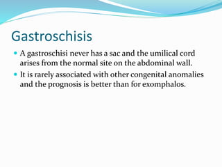 Gastroschisis
 A gastroschisi never has a sac and the umilical cord
arises from the normal site on the abdominal wall.
 It is rarely associated with other congenital anomalies
and the prognosis is better than for exomphalos.
 