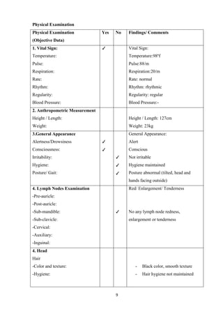 9
Physical Examination
Physical Examination
(Objective Data)
Yes No Findings/ Comments
1. Vital Sign:
Temperature:
Pulse:
Respiration:
Rate:
Rhythm:
Regularity:
Blood Pressure:
✓ Vital Sign:
Temperature:98ºf
Pulse:88/m
Respiration:20/m
Rate: normal
Rhythm: rhythmic
Regularity: regular
Blood Pressure:-
2. Anthropometric Measurement
Height / Length:
Weight:
Height / Length: 127cm
Weight: 23kg
3.General Appearance
Alertness/Drowsiness
Consciousness:
Irritability:
Hygiene:
Posture/ Gait:
✓
✓
✓
✓
✓
General Appearance:
Alert
Conscious
Not irritable
Hygiene maintained
Posture abnormal (tilted, head and
hands facing outside)
4. Lymph Nodes Examination
-Pre-auricle:
-Post-auricle:
-Sub-mandible:
-Sub-clavicle:
-Cervical:
-Auxiliary:
-Inguinal:
✓
Red/ Enlargement/ Tenderness
No any lymph node redness,
enlargement or tenderness
4. Head
Hair
-Color and texture:
-Hygiene:
- Black color, smooth texture
- Hair hygiene not maintained
 