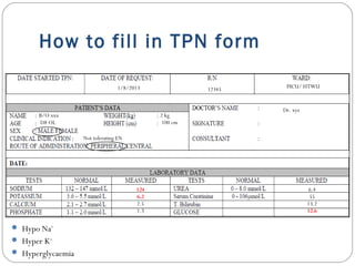 How to fill in TPN form
 Hypo Na+
 Hyper K+
 Hyperglycaemia
B/O xxx
D8 OL
2 kg
100 cm
1/8/2013 12345
PICU/ HTWU
Dr. xyz
124
6.2
2.5
1.3
6.4
55
13.2
12.6
Not tolerating EN
 