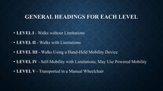GENERAL HEADINGS FOR EACH LEVEL
• LEVEL I - Walks without Limitations
• LEVEL II - Walks with Limitations
• LEVEL III - Walks Using a Hand-Held Mobility Device
• LEVEL IV - Self-Mobility with Limitations; May Use Powered Mobility
• LEVEL V - Transported in a Manual Wheelchair
 