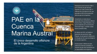PAE en la
Cuenca
Marina Austral
El único desarrollo offshore
de la Argentina
Participamos del Consorcio CMA-1,
el 2º productor de gas del país.
Operado por Total, produce allí 17
millones de m3 de gas por día, que
equivalen al 25% de la producción
diaria de gas de la Argentina.
Actualmente, en esta área se
desarrollan tres yacimientos offshore
(Carina,Aries y Vega Pleyade) y uno
que se extiende por la provincia de
Tierra del Fuego y también costas
afuera (Cañadón Alfa).
En febrero de 2016, se finalizó el
desarrollo del yacimiento Vega
Pléyade, el cual aporta 6 millones de
m3 de gas por día, que se entrega en
el mercado argentino.
El área posee 3 trillones de pies
cúbicos de reservas probadas, el
volumen de gas más importante aún
no desarrollado de la Argentina.
 