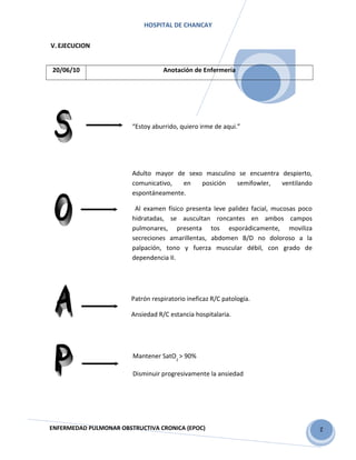 2
HOSPITAL DE CHANCAY
V. EJECUCION
20/06/10 Anotación de Enfermería
ENFERMEDAD PULMONAR OBSTRUCTIVA CRONICA (EPOC)
Patrón respiratorio ineficaz R/C patología.
Ansiedad R/C estancia hospitalaria.
“Estoy aburrido, quiero irme de aqui.”
Adulto mayor de sexo masculino se encuentra despierto,
comunicativo, en posición semifowler, ventilando
espontáneamente.
Al examen físico presenta leve palidez facial, mucosas poco
hidratadas, se auscultan roncantes en ambos campos
pulmonares, presenta tos esporádicamente, moviliza
secreciones amarillentas, abdomen B/D no doloroso a la
palpación, tono y fuerza muscular débil, con grado de
dependencia II.
Mantener SatO2
> 90%
Disminuir progresivamente la ansiedad
 