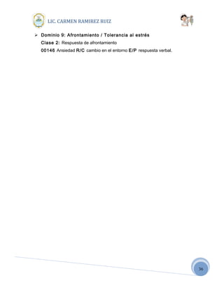 36
LIC. CARMEN RAMIREZ RUIZ
 Dominio 9: Afrontamiento / Tolerancia al estrés
Clase 2: Respuesta de afrontamiento
00146 Ansiedad R/C cambio en el entorno E/P respuesta verbal.
 