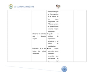 36
LIC. CARMEN RAMIREZ RUIZ
•Observar el color de
piel y llenado
capilar.
•Auscultar ACP en
busca de ruidos
anormales.
transportado por
la hemoglobina
en el interior de
los vasos
sanguíneos y la
FR es el número
de veces que la
persona respira
por minuto.
• Ayuda a
verificar la
oxigenación
sanguínea y el
estado de
coagulación.
• Los ruidos
anormales como
sibilantes,
roncantes, son
indicadores de
un mal
 