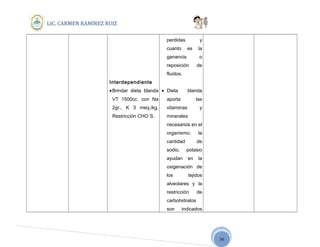 36
LIC. CARMEN RAMIREZ RUIZ
Interdependiente
•Brindar dieta blanda
VT 1500cc. con Na
2gr., K 3 meq./kg.
Restricción CHO´S.
perdidas y
cuanto es la
ganancia o
reposición de
fluidos.
• Dieta blanda
aporta las
vitaminas y
minerales
necesarios en el
organismo; la
cantidad de
sodio, potasio
ayudan en la
oxigenación de
los tejidos
alveolares y la
restricción de
carbohidratos
son indicados
 