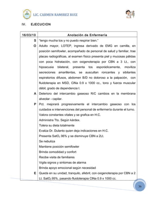 36
LIC. CARMEN RAMIREZ RUIZ
IV. EJECUCION
16/03/10 Anotación de Enfermería
S
O
A
P
E
“tengo mucha tos y no puedo respirar bien.”
Adulto mayor, LOTEP, ingresa derivado de EMG en camilla, en
posición semifowler, acompañado de personal de salud y familiar, trae
placas radiográficas, al examen físico presenta piel y mucosas pálidas
con poca hidratación, con oxigenoterapia por CBN a 3 Lt., con
hipoacusia bilateral, presenta tos esporádicamente, moviliza
secreciones amarillentas, se auscultan roncantes y sibilantes
espiratorios difusos, abdomen B/D no doloroso a la palpación, con
fluidoterapia en MSD, ClNa 0.9 x 1000 cc., tono y fuerza muscular
débil, grado de dependencia I.
Deterioro del intercambio gaseoso R/C cambios en la membrana
alveolar - capilar.
Pct. mejorará progresivamente el intercambio gaseoso con los
cuidados e intervenciones del personal de enfermería durante el turno.
Valora constantes vitales y se grafica en H.C.
Administra Tto. Según kárdex.
Tolera su dieta totalmente
Evalúa Dr. Dulanto quien deja indicaciones en H.C.
Presenta SatO2 96% y se disminuye CBN a 2Lt.
Se nebuliza
Mantiene posición semifowler
Brinda comodidad y confort
Recibe visita de familiares
Vigila signos y sintomas de alarma
Brinda apoyo emocional según necesidad
Queda en su unidad, tranquilo, afebril, con oxigenoterapia por CBN a 2
Lt. SatO2 95%, pasando fluidoterapia ClNa 0.9 x 1000 cc.
 