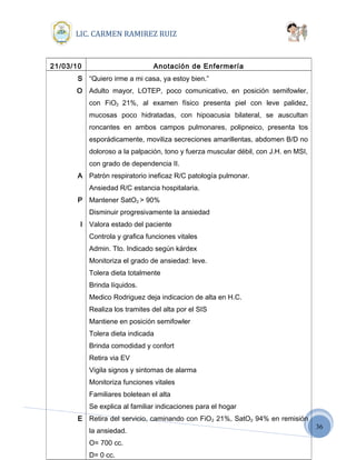 36
LIC. CARMEN RAMIREZ RUIZ
21/03/10 Anotación de Enfermería
S
O
A
P
I
E
“Quiero irme a mi casa, ya estoy bien.”
Adulto mayor, LOTEP, poco comunicativo, en posición semifowler,
con FiO2 21%, al examen físico presenta piel con leve palidez,
mucosas poco hidratadas, con hipoacusia bilateral, se auscultan
roncantes en ambos campos pulmonares, polipneico, presenta tos
esporádicamente, moviliza secreciones amarillentas, abdomen B/D no
doloroso a la palpación, tono y fuerza muscular débil, con J.H. en MSI,
con grado de dependencia II.
Patrón respiratorio ineficaz R/C patología pulmonar.
Ansiedad R/C estancia hospitalaria.
Mantener SatO2 > 90%
Disminuir progresivamente la ansiedad
Valora estado del paciente
Controla y grafica funciones vitales
Admin. Tto. Indicado según kárdex
Monitoriza el grado de ansiedad: leve.
Tolera dieta totalmente
Brinda líquidos.
Medico Rodriguez deja indicacion de alta en H.C.
Realiza los tramites del alta por el SIS
Mantiene en posición semifowler
Tolera dieta indicada
Brinda comodidad y confort
Retira via EV
Vigila signos y sintomas de alarma
Monitoriza funciones vitales
Familiares boletean el alta
Se explica al familiar indicaciones para el hogar
Retira del servicio, caminando con FiO2 21%, SatO2 94% en remisión
la ansiedad.
O= 700 cc.
D= 0 cc.
 