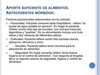 APORTE SUFICIENTE DE ALIMENTOS.
ANTECEDENTES MÓRBIDOS:
Factores psicosociales relacionados con la nutrición.
 - Personales: Paciente consume dieta hospitalaria, refiere “no
  gustar de agua potable en general”. En hogar la paciente
  refiere “comer todo tipo de comidas, con rechazo hacia las
  legumbres y “guatitas”. En su alimentación incluye una fruta
  diaria y tres verduras de diferentes colores.
 - Culturales: Paciente refiere comer tres comidas diarias,
  desayuno, almuerzo y once.
     - Sociales: Paciente refiere tener recursos para la
  adquisición de alimentos.
     - Seguridad: En hogar paciente refiere “tener buena
  higiene en el control de alimentos”. Con respecto al hospital,
  lleva un régimen estricto de seguridad, higiene y control de
  alimentos.
 