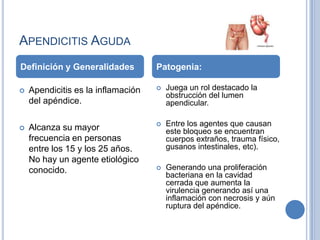 APENDICITIS AGUDA
Definición y Generalidades          Patogenia:

   Apendicitis es la inflamación      Juega un rol destacado la
                                        obstrucción del lumen
    del apéndice.                       apendicular.

                                       Entre los agentes que causan
   Alcanza su mayor                    este bloqueo se encuentran
    frecuencia en personas              cuerpos extraños, trauma físico,
    entre los 15 y los 25 años.         gusanos intestinales, etc).
    No hay un agente etiológico
    conocido.                          Generando una proliferación
                                        bacteriana en la cavidad
                                        cerrada que aumenta la
                                        virulencia generando así una
                                        inflamación con necrosis y aún
                                        ruptura del apéndice.
 