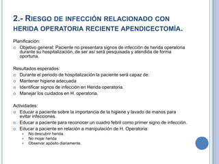 2.- RIESGO DE INFECCIÓN RELACIONADO CON
HERIDA OPERATORIA RECIENTE APENDICECTOMÍA.
Planificación:
 Objetivo general: Paciente no presentara signos de infección de herida operatoria
   durante su hospitalización, de ser así será pesquisada y atendida de forma
   oportuna.

Resultados esperados:
 Durante el periodo de hospitalización la paciente será capaz de:
 Mantener higiene adecuada
 Identificar signos de infección en Herida operatoria.
 Manejar los cuidados en H. operatoria.


Actividades:
 Educar a paciente sobre la importancia de la higiene y lavado de manos para
   evitar infecciones.
 Educar a paciente para reconocer un cuadro febril como primer signo de infección.
 Educar a paciente en relación a manipulación de H. Operatoria:
       No descubrir herida.
       No mojar herida
       Observar apósito diariamente.
 