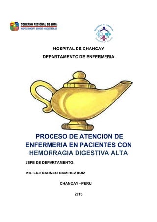 HOSPITAL DE CHANCAY
DEPARTAMENTO DE ENFERMERIA
PROCESO DE ATENCION DE
ENFERMERIA EN PACIENTES CON
HEMORRAGIA DIGESTIVA ALTA
JEFE DE DEPARTAMENTO:
MG. LUZ CARMEN RAMIREZ RUIZ
CHANCAY –PERU
2013
 