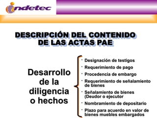 Desarrollo
Desarrollo
de la
de la
diligencia
diligencia
o hechos
o hechos

Designación de testigos
Designación de testigos

Requerimiento de pago
Requerimiento de pago

Procedencia de embargo
Procedencia de embargo

Requerimiento de señalamiento
Requerimiento de señalamiento
de bienes
de bienes

Señalamiento de bienes
Señalamiento de bienes
(Deudor o ejecutor
(Deudor o ejecutor

Nombramiento de depositario
Nombramiento de depositario

Plazo para acuerdo en valor de
Plazo para acuerdo en valor de
bienes muebles embargados
bienes muebles embargados
DESCRIPCIÓN DEL CONTENIDO
DESCRIPCIÓN DEL CONTENIDO
DE LAS ACTAS PAE
DE LAS ACTAS PAE
 