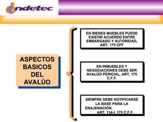ASPECTOS
ASPECTOS
BASICOS
BASICOS
DEL
DEL
AVALÚO
AVALÚO
EN BIENES MUEBLES PUEDE
EN BIENES MUEBLES PUEDE
EXISTIR ACUERDO ENTRE
EXISTIR ACUERDO ENTRE
EMBARGADO Y AUTORIDAD,
EMBARGADO Y AUTORIDAD,
ART. 175 CFF
ART. 175 CFF
EN INMUEBLES Y
EN INMUEBLES Y
NEGOCIACIONES DEBE SER
NEGOCIACIONES DEBE SER
AVALÚO PERICIAL, ART. 175
AVALÚO PERICIAL, ART. 175
C.F.F.
C.F.F.
SIEMPRE DEBE NOTIFICARSE
SIEMPRE DEBE NOTIFICARSE
LA BASE PARA LA
LA BASE PARA LA
ENAJENACIÓN,
ENAJENACIÓN,
ART. 134-I, 175 C.F.F.
ART. 134-I, 175 C.F.F.
 