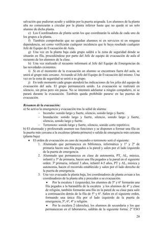 28
salvación que pudieran acudir y saldrán por la puerta asignada. Los alumnos de la planta
alta no comenzarán a circular por la planta inferior hasta que no quede ni un solo
alumno de dicha planta.
e) Los Coordinadores de planta serán los que coordinarán la salida de cada uno de
los grupos a la planta.
f) También comprobarán que no quedan alumnos ni en servicios ni en ninguna
dependencia, así como verificarán cualquier incidencia que le haya reseñado cualquier
Jefe de Equipo de Evacuación de Aula.
g) Una vez en la planta baja cada grupo saldrá a la zona de seguridad donde se
situarán en fila, procediéndose por parte del Jefe de equipo de evacuación de aula al
recuento de los alumnos de la clase.
h) Una vez realizado el recuento informará al Jefe del Equipo de Emergencias de
las novedades existentes.
i) Si en el momento de la evacuación un alumno se encontrara fuera del aula, se
unirá al grupo más cercano. Avisando al Jefe del Equipo de Evacuación del mismo. Una
vez en la zona de seguridad se unirá a su grupo.
j) En todo momento cada grupo atenderá las indicaciones de los jefes del equipo de
evacuación del aula. El grupo permanecerá unido. La evacuación se realizará en
silencio, sin prisa pero sin pausa. No se intentará adelantar a ningún compañero, ni se
parará durante la evacuación. También queda prohibido pararse en las puertas de
evacuación.
Resumen de la evacuación:
a) Se activa la emergencia y evacuación tras la señal de alarma:
 Incendio: sonido largo y fuerte, silencio, sonido largo y fuerte.
 Inundación: sonido largo y fuerte, silencio, sonido largo y fuerte,
silencio, sonido largo y fuerte.
 Terremoto: sonido largo y fuerte, silencio, sonido corto repetitivo.
b) El alumnado y profesorado asumen sus funciones y se disponen a formar una fila en
la puerta más cercana a la escaleras (planta primera) o salida de emergencia más cercana
(planta baja)
 El orden de evacuación en caso de incendio o terremoto será el siguiente:
1. Alumnado que permanezca en biblioteca, informática y 1º y 2º de
primaria hacen una fila pegados a la pared y salen por el lado izquierdo
de la puerta de emergencia.
2. Alumnado que permanezca en clase de autonomía, PT, AL, música,
infantil y 3º de primaria, hacen una fila pegados a la pared en el siguiente
orden: 3º primaria, infantil 3 años, infantil 4-5 años, PT y AL, música y
autonomía, hacen el recorrido establecido y salen por el lado derecho de
la puerta de emergencia.
3. Una vez evacuada la planta baja, los coordinadores de planta avisan a los
coordinadores de la planta alta y proceden a su evacuación.
 Por la escalera 1 (izquierda), los alumnos de 5º y 6º formarán una
fila pegados a la barandilla de la escalera y los alumnos de 4º y clase
de religión, también formarán una fila en la pared de su clase para salir
a continuación detrás de la fila de 5º y 6º. Salen en el siguiente orden,
formando una única fila por el lado izquierdo de la puerta de
emergencia, 5º, 6º, 4º y religión.
 Por la escalera 2 (derecha), los alumnos de secundaria y los que
permanezcan en el laboratorio, saldrán de la siguiente forma: 2º ESO
 