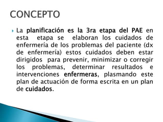  La planificación es la 3ra etapa del PAE en
esta etapa se elaboran los cuidados de
enfermería de los problemas del paciente (dx
de enfermería) estos cuidados deben estar
dirigidos para prevenir, minimizar o corregir
los problemas, determinar resultados e
intervenciones enfermeras, plasmando este
plan de actuación de forma escrita en un plan
de cuidados.
 