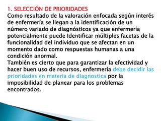 1. SELECCIÓN DE PRIORIDADES
Como resultado de la valoración enfocada según interés
de enfermería se llegan a la identificación de un
número variado de diagnósticos ya que enfermería
potencialmente puede Identificar múltiples facetas de la
funcionalidad del individuo que se afectan en un
momento dado como respuestas humanas a una
condición anormal.
También es cierto que para garantizar la efectividad y
hacer buen uso de recursos, enfermería debe decidir las
prioridades en materia de diagnostica por la
imposibilidad de planear para los problemas
encontrados.
 