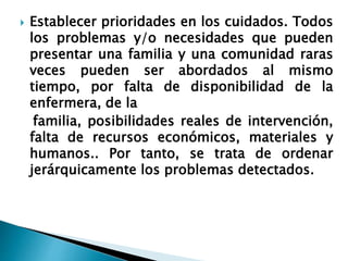  Establecer prioridades en los cuidados. Todos
los problemas y/o necesidades que pueden
presentar una familia y una comunidad raras
veces pueden ser abordados al mismo
tiempo, por falta de disponibilidad de la
enfermera, de la
familia, posibilidades reales de intervención,
falta de recursos económicos, materiales y
humanos.. Por tanto, se trata de ordenar
jerárquicamente los problemas detectados.
 