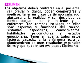 RESUMEN
Los objetivos deben centrarse en el paciente,
ser breves y claros, poder comportarse y
medirse, tener un plazo de tiempo señalado,
ajustarse a la realidad y ser decididos de
forma conjunta por el paciente y la
enfermera. Los campos incluidos en ellos
son: aspectos y funciones del cuerpo,
síntomas específicos, conocimientos,
habilidades psicomotoras y estados
emocionales. Tener en cuenta todos estos
factores capacita a la enfermera para el
planteamiento de unos resultados esperados
útiles y que pueden ser evaluados fácilmente
 