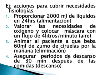 Ej: acciones para cubrir necesidades
fisiologías
1. Proporcionar 2000 ml de líquidos
en 24hrs (alimentación)
2. Valorar las necesidades de
oxigeno y colocar máscara con
un flujo de 4litros/minuto (aire)
3. Animar al paciente a que beba
60ml de zumo de ciruelas por la
mañana (eliminación)
4. Asegurar periodos de descanso
de 30 min después de las
comidas (descanso)
 