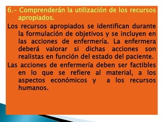 6.- Comprenderán la utilización de los recursos
apropiados.
Los recursos apropiados se identifican durante
la formulación de objetivos y se incluyen en
las acciones de enfermería. La enfermera
deberá valorar si dichas acciones son
realistas en función del estado del paciente.
Las acciones de enfermería deben ser factibles
en lo que se refiere al material, a los
aspectos económicos y a los recursos
humanos.
 