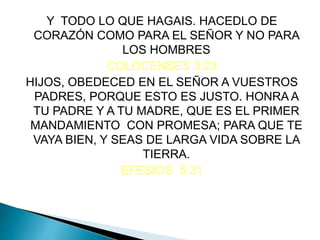 Y TODO LO QUE HAGAIS. HACEDLO DE
CORAZÓN COMO PARA EL SEÑOR Y NO PARA
LOS HOMBRES
COLOCENSES 3:23
HIJOS, OBEDECED EN EL SEÑOR A VUESTROS
PADRES, PORQUE ESTO ES JUSTO. HONRA A
TU PADRE Y A TU MADRE, QUE ES EL PRIMER
MANDAMIENTO CON PROMESA; PARA QUE TE
VAYA BIEN, Y SEAS DE LARGA VIDA SOBRE LA
TIERRA.
EFESIOS 5:31
 