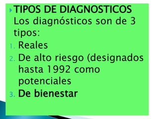 TIPOS DE DIAGNOSTICOS
Los diagnósticos son de 3
tipos:
1. Reales
2. De alto riesgo (designados
hasta 1992 como
potenciales
3. De bienestar
 