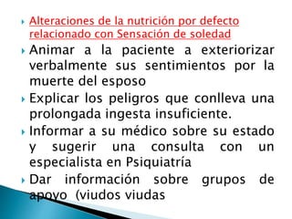  Alteraciones de la nutrición por defecto
relacionado con Sensación de soledad
 Animar a la paciente a exteriorizar
verbalmente sus sentimientos por la
muerte del esposo
 Explicar los peligros que conlleva una
prolongada ingesta insuficiente.
 Informar a su médico sobre su estado
y sugerir una consulta con un
especialista en Psiquiatría
 Dar información sobre grupos de
apoyo (viudos viudas
 