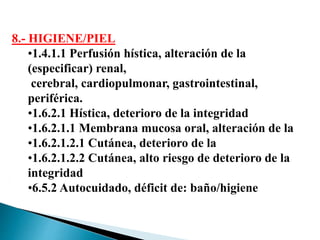 8.- HIGIENE/PIEL
•1.4.1.1 Perfusión hística, alteración de la
(especificar) renal,
cerebral, cardiopulmonar, gastrointestinal,
periférica.
•1.6.2.1 Hística, deterioro de la integridad
•1.6.2.1.1 Membrana mucosa oral, alteración de la
•1.6.2.1.2.1 Cutánea, deterioro de la
•1.6.2.1.2.2 Cutánea, alto riesgo de deterioro de la
integridad
•6.5.2 Autocuidado, déficit de: baño/higiene
 