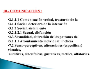 10.- COMUNICACIÓN :
•2.1.1.1 Comunicación verbal, trastorno de la
•3.1.1 Social, deterioro de la interación
•3.1.2 Social, aislamiento
•3.2.1.2.1 Sexual, disfunción
•3.3 Sexualidad, alteración de los patrones de
•5.1.1.1 Afrontamiento individual: ineficaz
•7.2 Senso-perceptivas, alteraciones (especificar)
visuales,
auditivas, cinestésicas, gustativas, tactiles, olfatorias.
 