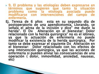  9. El problema y las etiologías deben expresarse en
términos que sugieren que tanto la situación
problema como la etiología asociada puede
modificarse con intervenciones del campo de
enfermería.
Ej. Teresa de 6 años esta en su segundo día de
postoperatorio de una apendicetomía. Llorando, se
señala el aérea de la incisión y dice” me duele la
herida”. El Dx Alteración en el bienestar: Dolor
relacionado con la herida quirúrgica” no es el idóneo,
ya que la actuación de enfermería no puede
modificar la existencia de la herida quirúrgica. Por
tanto se debe expresar el siguiente Dx Alteración en
el bienestar: Dolor relacionado con los efectos de
una intervención quirúrgica, ya que las acciones de
enfermería si pueden aliviar las consecuencias de una
operación ( dolor, inmovilidad, ansiedad, nauseas,
etc)
 