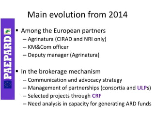 Main evolution from 2014
 Among the European partners
– Agrinatura (CIRAD and NRI only)
– KM&Com officer
– Deputy manager...