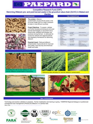 BACKGRAOUND
Main Achievements
THE INTERVENTIONS
.
Competitive Research Fund (CRF):
Stemming Aflatoxin pre- and post-harvest waste in the groundnut value chain (GnVC) in Malawi and
Zambia
The problem: Aflatoxin
contamination of groundnuts poses a risk
to human health and is a major constraint
to trade in most African countries
Project Objectives: To assess, validate
and further develop promising pre and post
harvest technologies; to document and a
disseminate validated technologies and
practices among farmers ; to advocate for
conducive national and regional policies
and regulatory frameworks for stemming
aflatoxin
Expected impact: Reduced aflatoxin
contamination of groundnuts for improved
food safety, food security and enhanced
health and trade.
Optimizing plant densities for reduced aflatoxin contamination
Participatory evaluation of drying methods for reducing aflatoxin
contamination
Participatory evaluation of hand-sorting methods in reducing
aflatoxin contamination
Evaluating the role of crop residue on pre-
harvest aflatoxin contamination of groundnut
Technology and practice validation in progress; Farmer mobilization and training on going; FANRPAN Regional Dialogue on postharvest
management loss management (PHLM) and aflatoxin in in Zambia held.
More info: http://www.fanrpan.org/projects/postharvest/groundnut/
THE CONSORTIUM
 