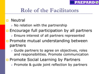 Role of the Facilitators
   Neutral
       No relation with the partnership
   Encourage full participation by all partners
       Ensure interest of all partners represented
   Promote mutual understanding between
    partners
       Guide partners to agree on objectives, roles
        and responsibilities. Promote communication
   Promote Social Learning by Partners
       Promote & guide joint reflection by partners
 