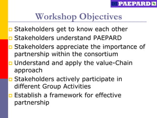 Workshop Objectives
 Stakeholders get to know each other
 Stakeholders understand PAEPARD
 Stakeholders appreciate the importance of
  partnership within the consortium
 Understand and apply the value-Chain
  approach
 Stakeholders actively participate in
  different Group Activities
 Establish a framework for effective
  partnership
 